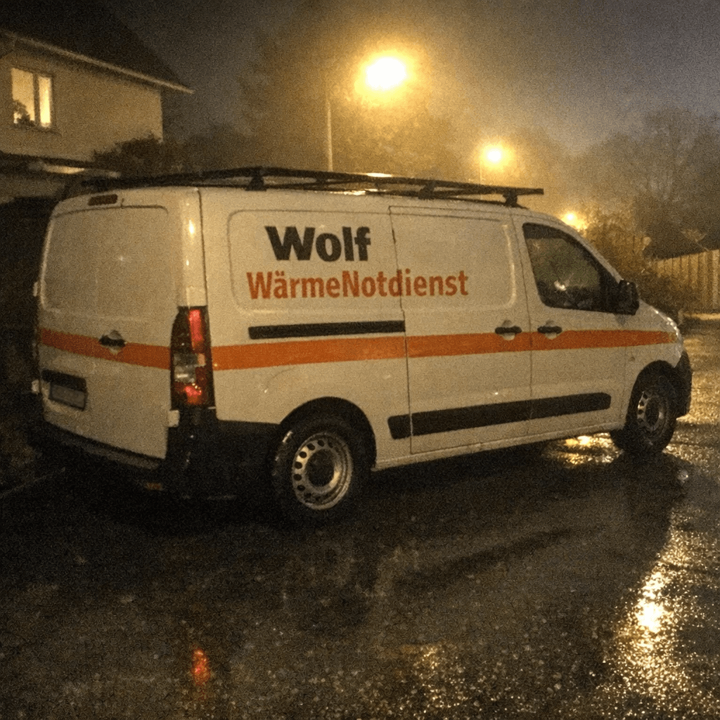 Servicewagen steht in der Dämmerung vor einem Mehrfamilienhaus, Innenbeleuchtung zeigt sortierte Ersatzteile