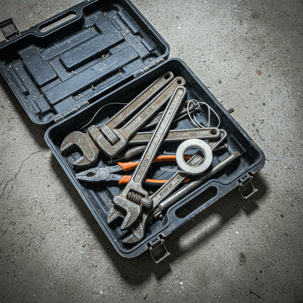 Werkzeugkoffer eines Heizungsinstallateurs offen mit Spezialwerkzeug