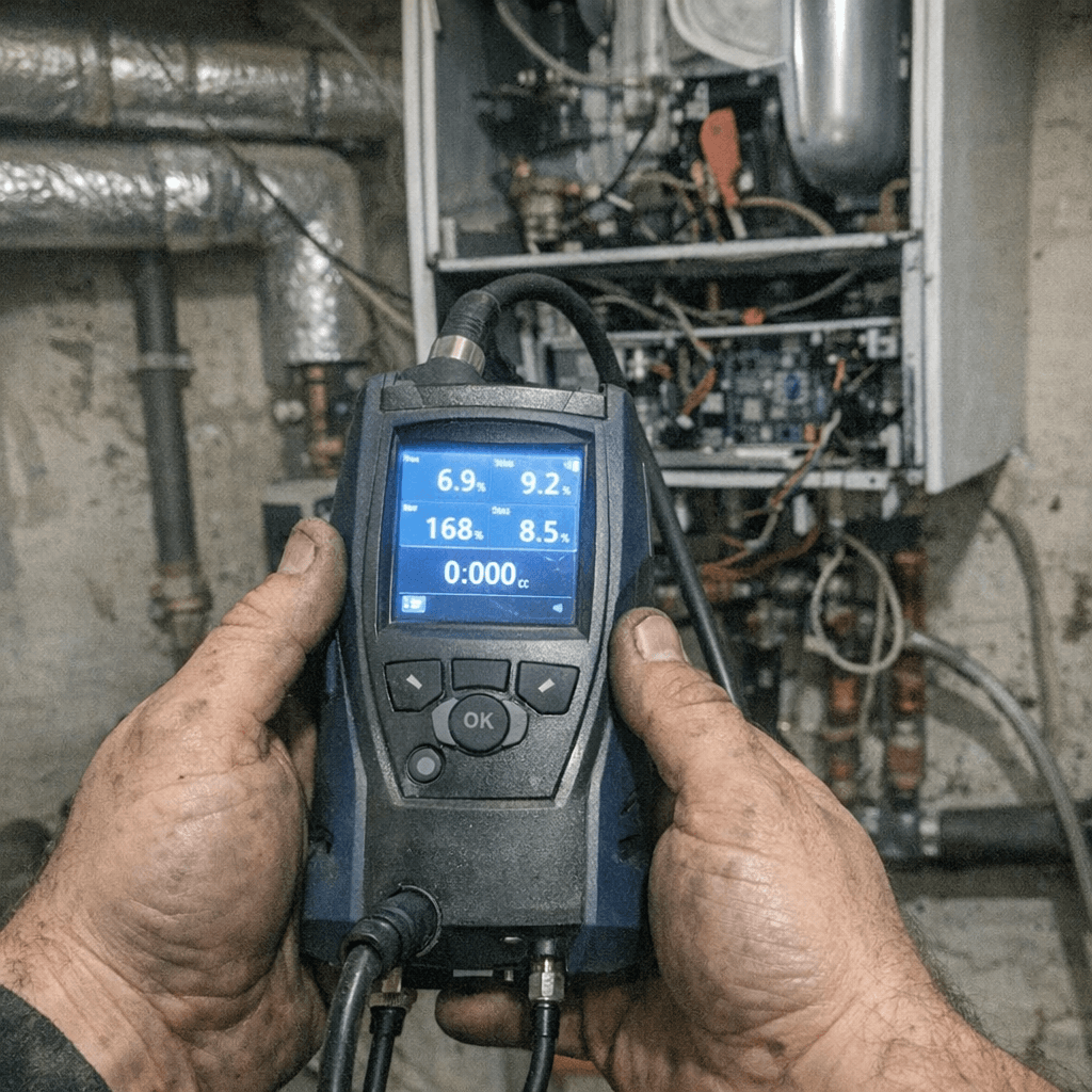 Techniker verwendet Tablet zur Diagnose an einer Heizungsanlage