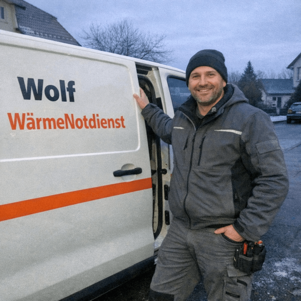 Techniker überprüft eine Heizungsanlage im Hausflur, ein Servicefahrzeug mit Warnleuchte steht daneben.