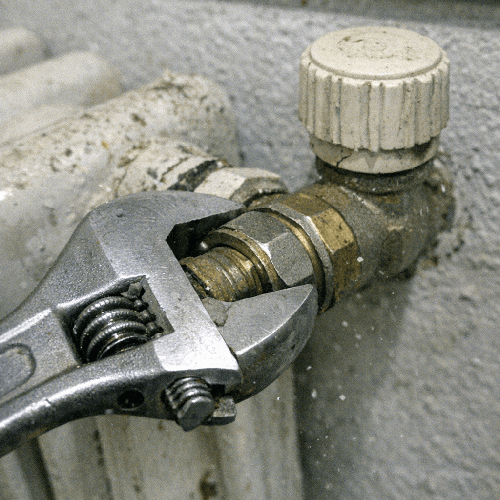 Techniker prüft eine Gasverbindung mit einem Lecksuchspray, im Hintergrund ist ein Servicepanel der Heizungsanlage sichtbar.