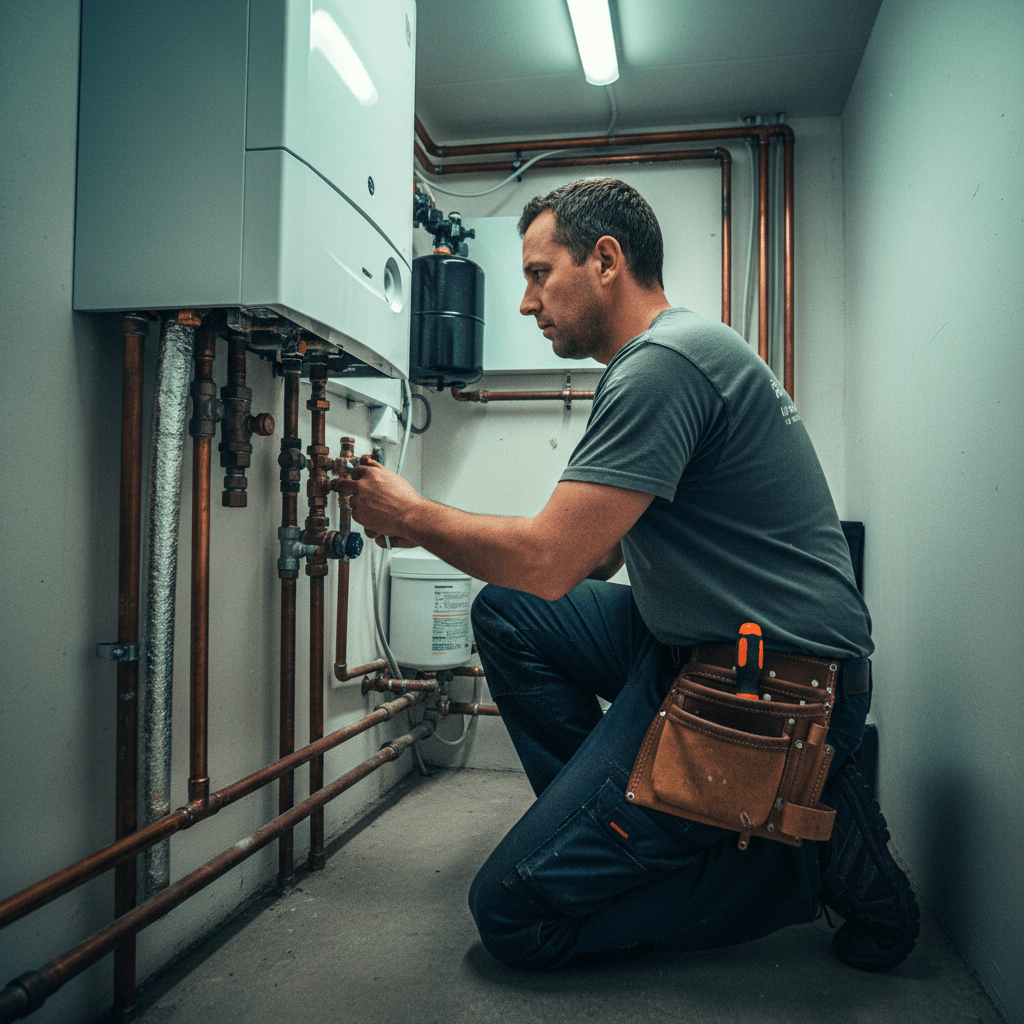 Erfahrener Heizungsbauer bei der Arbeit an einer modernen Gastherme